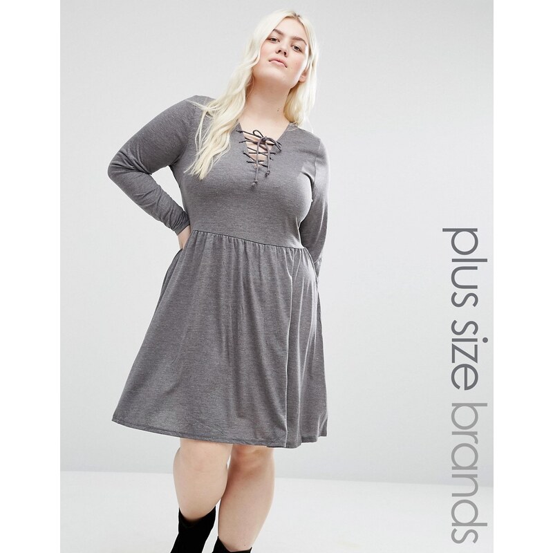 Brave Soul Plus - Skaterkleid aus Jersey mit geschnürtem Vorderteil - Grau
