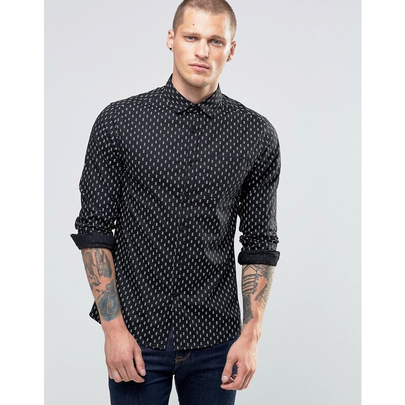 ASOS Skinny Shirt With Double Square Patterned Print - Schwarz
