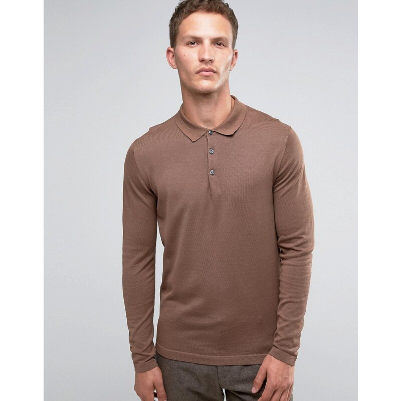 Selected Homme - Langärmliges Polostrickhemd aus Merino-Wolle - Beige