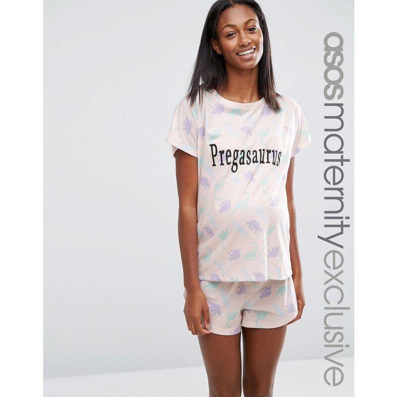 ASOS Maternity - Pregosaurus - Pyjama aus T-Shirt und Shorts - Mehrfarbig