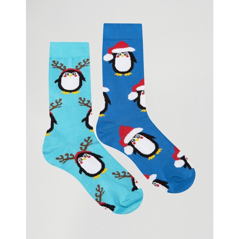 ASOS - Weihnachtssocken mit Pinguinmotiv, 2er-Pack - Blau