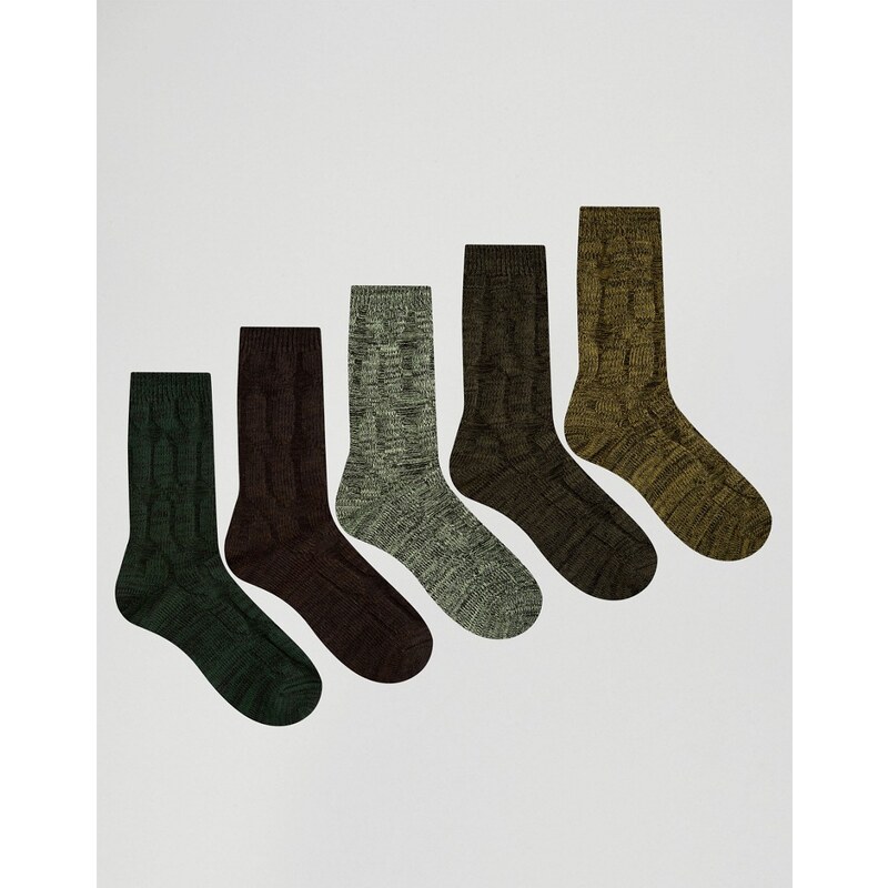 ASOS - Socken mit Zopfmuster in Khaki, 5er-Pack - Grün