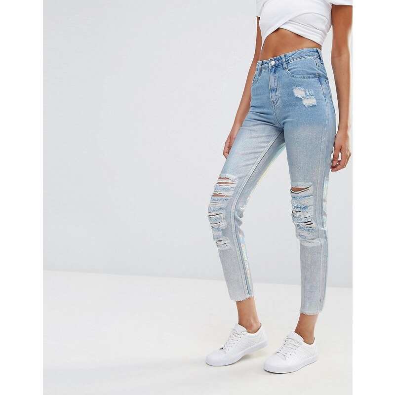 Missguided - Jeans mit hohem Bund mit holografischem Design - Blau