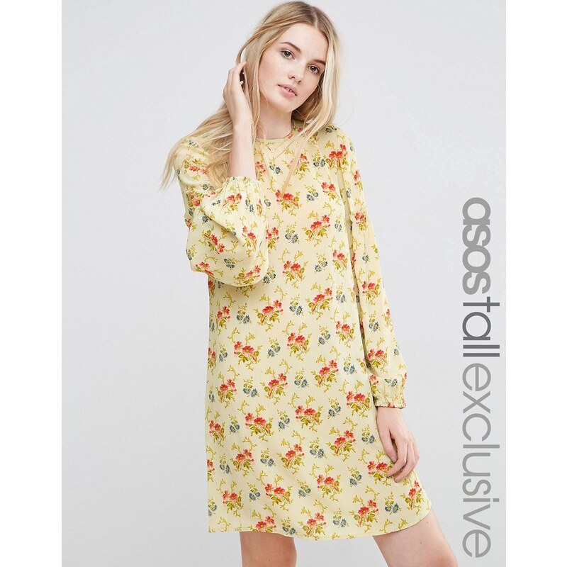 ASOS TALL - Ausgestelltes Kleid mit Vintage-Blumenmuster und gerafften Ärmeln - Mehrfarbig