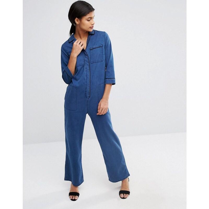 ASOS - Pyjama-Overall aus Denim mit weitem Bein - Blau
