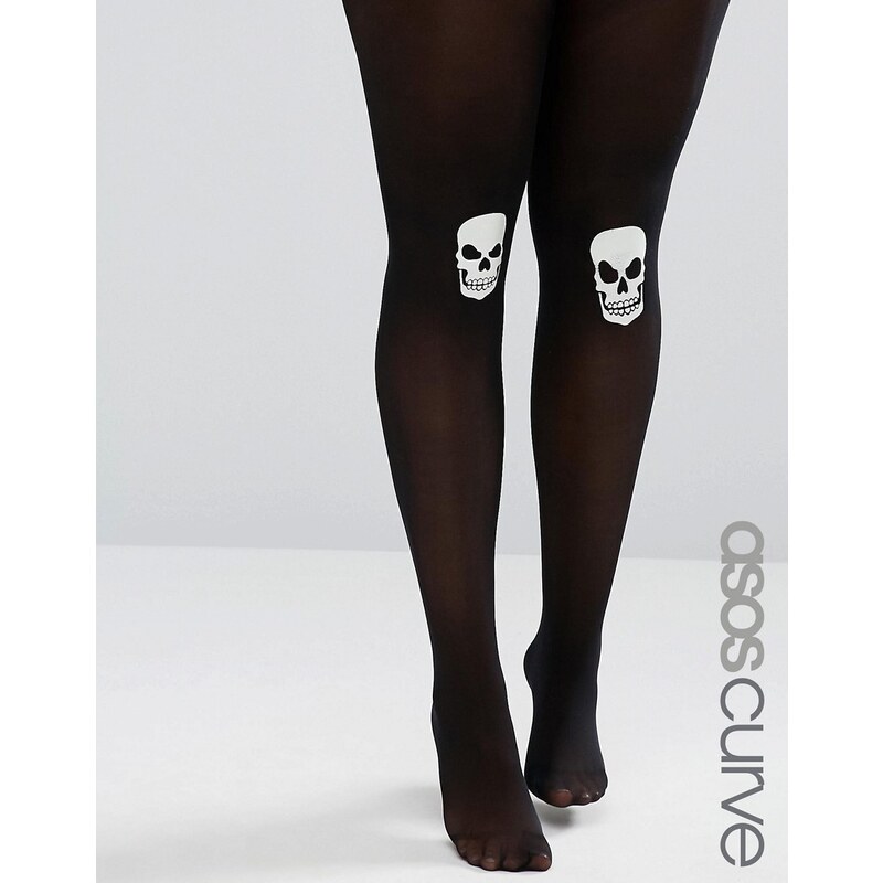 ASOS CURVE - Halloween - Strumpfhose mit Totenkopf auf dem Knie, der im DUnkeln leuchtet - Schwarz