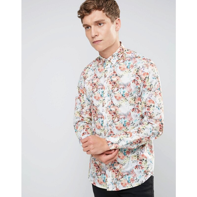 Selected Homme - Enges, elegantes Hemd mit mehrfarbigem Blumenprint - Cremeweiß