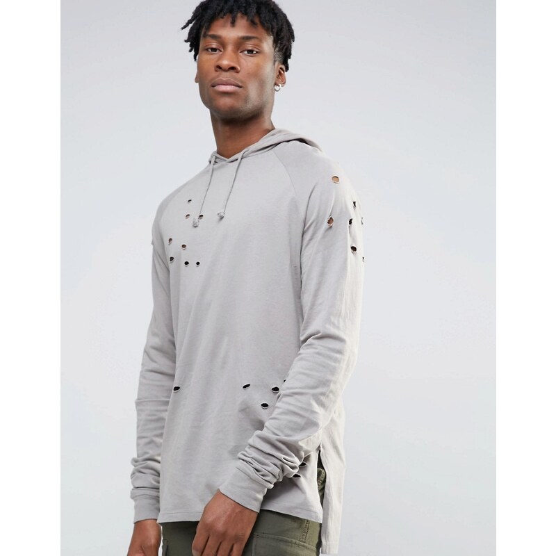 ASOS - Langärmliges Oversize-T-Shirt mit Kapuze und geschoppten Ärmeln - Grau