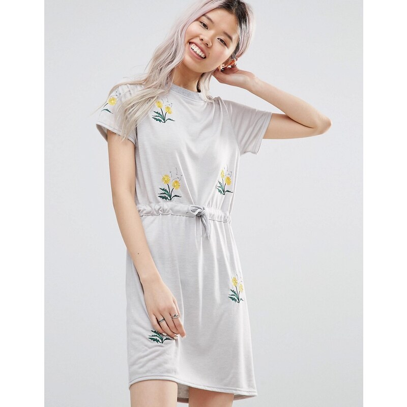 Daisy Street - T-Shirt-Kleid mit Blumenstickerei - Grau