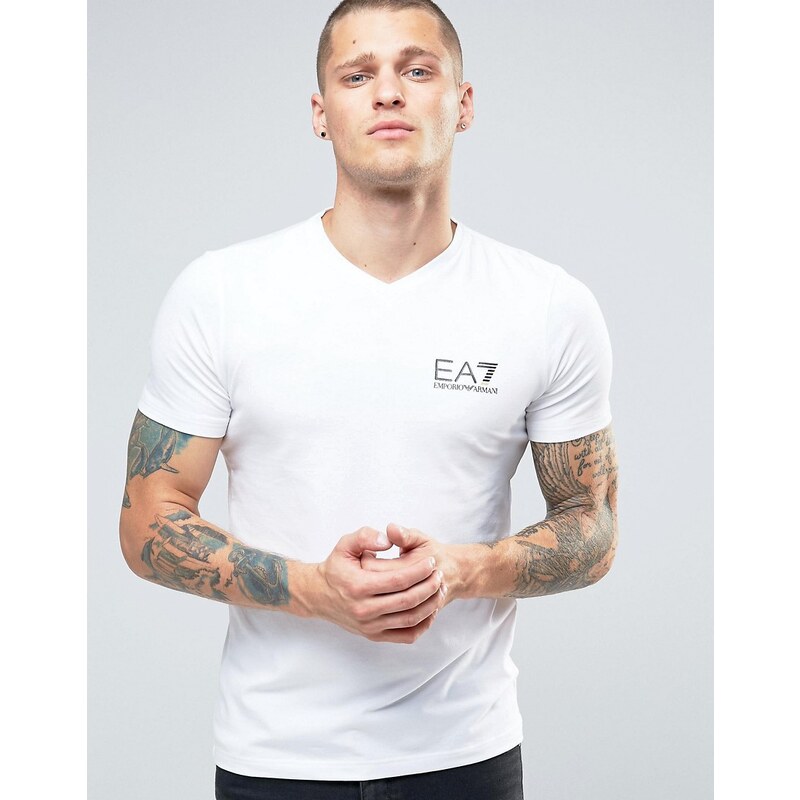 Emporio Armani - EA7 - Weißes T-Shirt mit V-Ausschnitt und Logo auf der Brust - Weiß