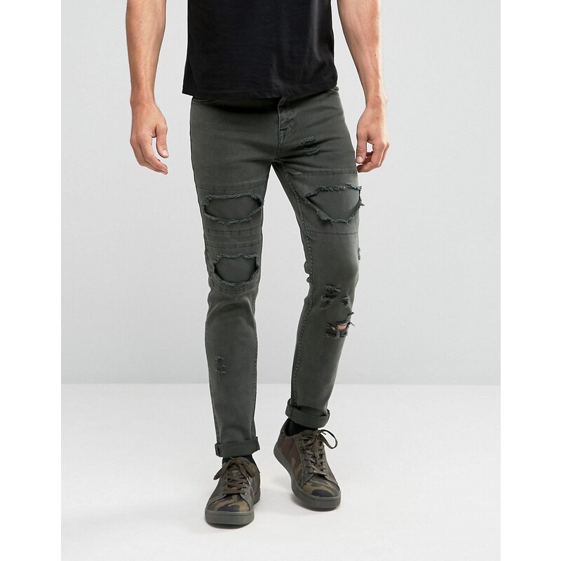 ASOS - Skinny Jeans in Khaki mit Rissen - Grün