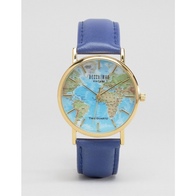 Reclaimed Vintage - Blaue Armbanduhr mit Landkarten-Ziffernblatt - Braun