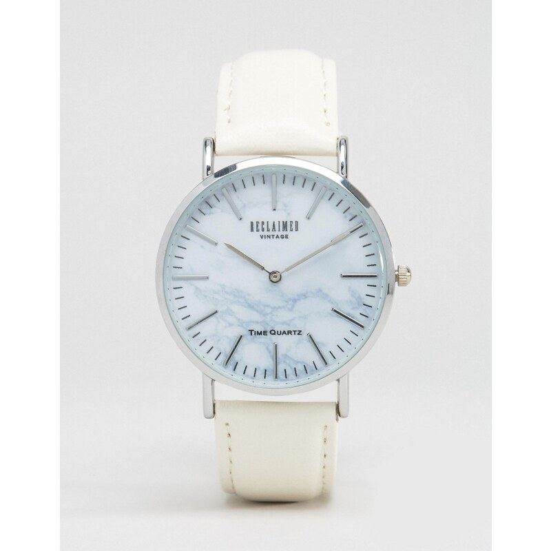Reclaimed Vintage - Marmorierte Uhr mit weißem Lederarmband - Weiß