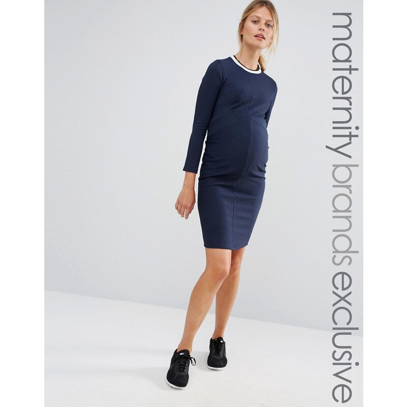 Bluebelle Maternity - Figurbetontes Kleid mit Rippung, Bahnendesign und Kontrastsaum - Marineblau