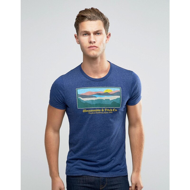 Abercrombie & Fitch - Marineblaues, schmales T-Shirt mit Landschaftsprint - Marineblau