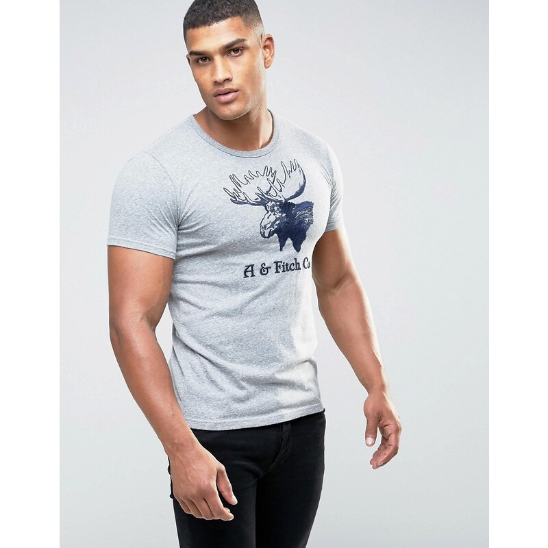 Abercrombie & Fitch - Schmales, graues T-Shirt mit auffälliger Stickerei - Grau