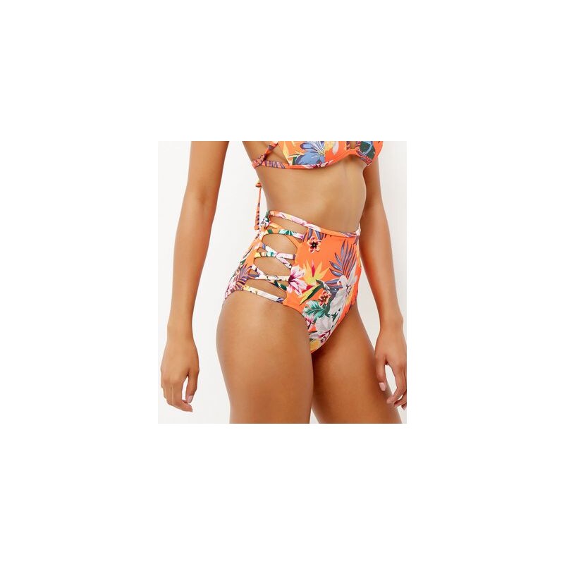 New Look Orangefarbenes Bikinihöschen mit Blumenmuster und hohem Bund