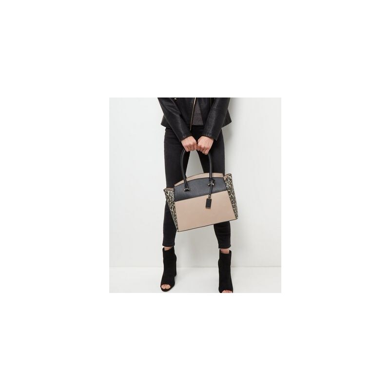New Look Braune Handtasche mit Blockfarbendesign und Leopardenmuster