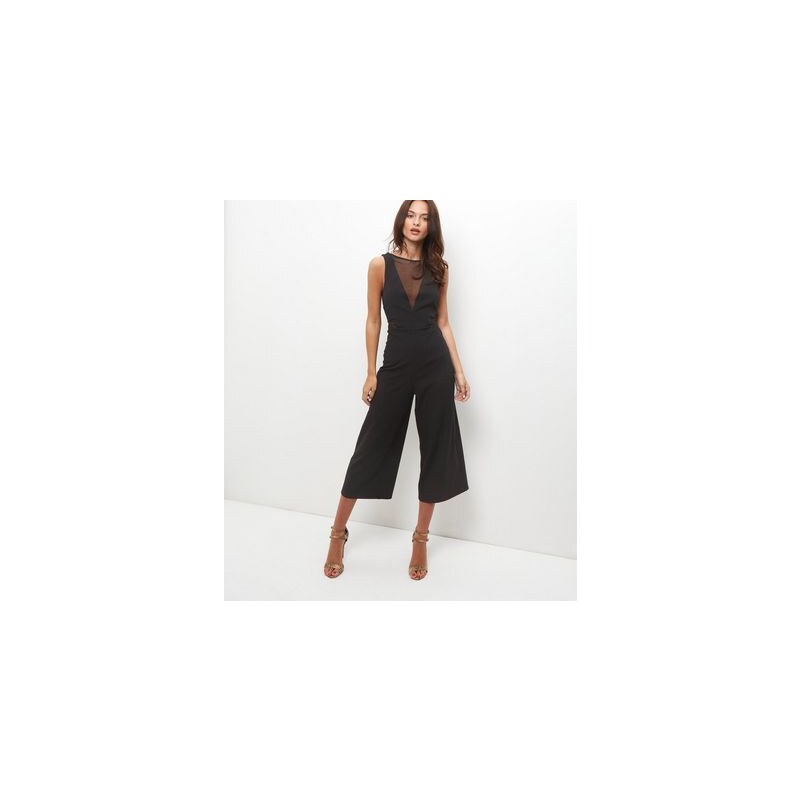New Look Schwarzer Culotte-Jumpsuit mit Netzeinsatz