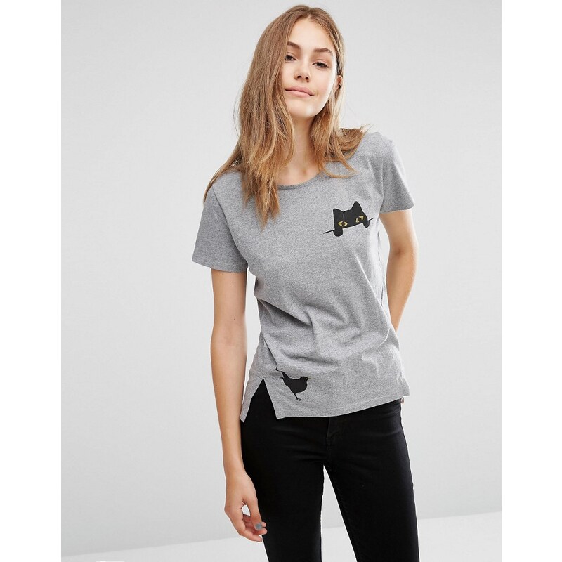 People Tree - T-Shirt aus Bio-Baumwolle mit aufgedruckter Tasche, Katzen- und Vogelmotiv - Grau