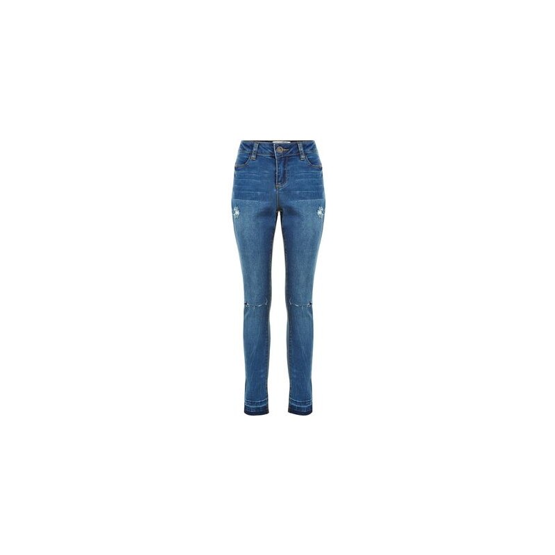 New Look Teenager – Blaue Skinny-Jeans mit abfallendem Saum und zerrissener Kniepartie