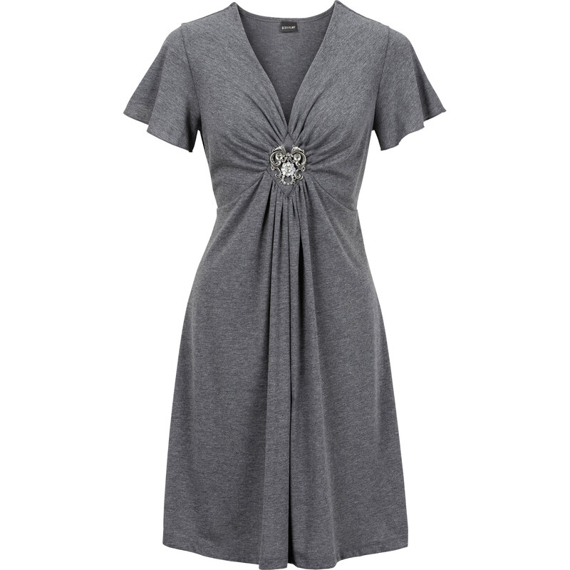 BODYFLIRT Jersey-Kleid mit abnehmbarer Brosche/Sommerkleid 3/4 Arm in grau von bonprix