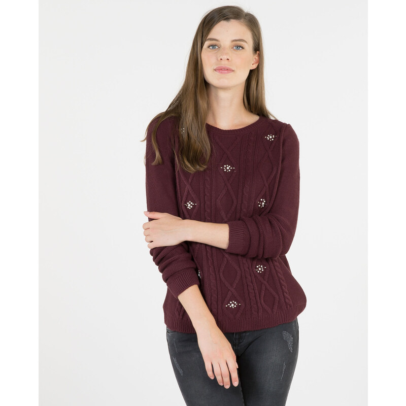 Pullover mit Zopfmuster und Schmuck Bordeauxrot, Größe L -Pimkie- Mode für Damen