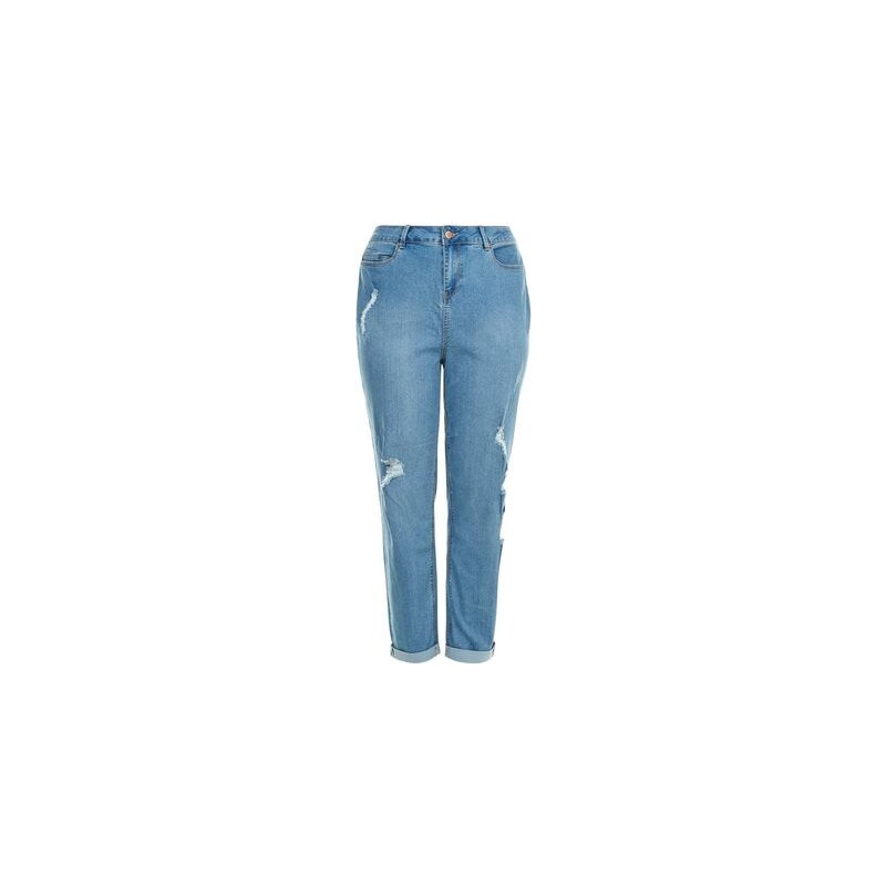 New Look Curves – Blaue Boyfriend Jeans im Used-Look mit aufgeschlagenen Hosenbeinen