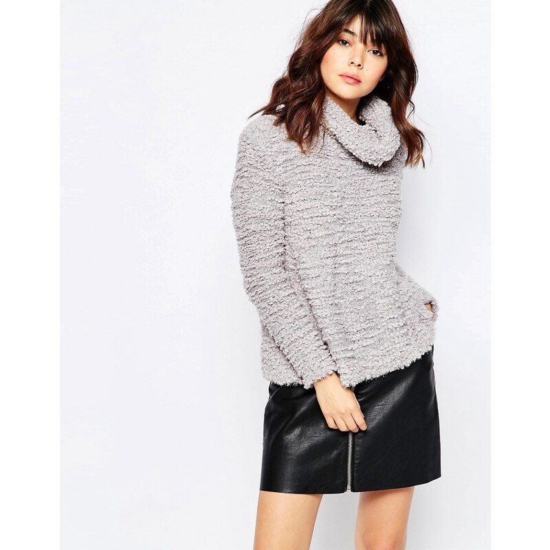 Story Of Lola Oversized Teddy Fluffy Knit Jumper With High Neck - Grau