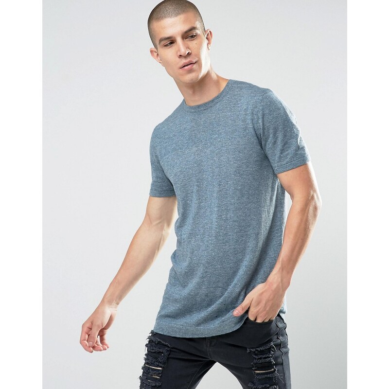 ASOS - Lang geschnittenes Strick-T-Shirt aus blauer Baumwolle - Blau