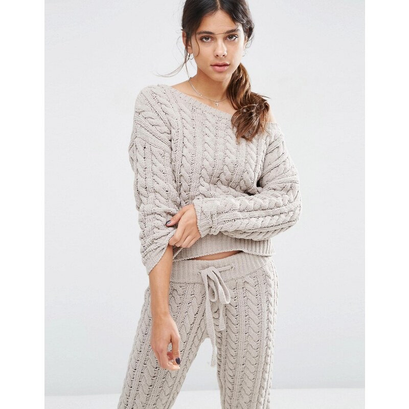 ASOS - Lounge - Pullover mit Zopfmuster in Chenille - Grau