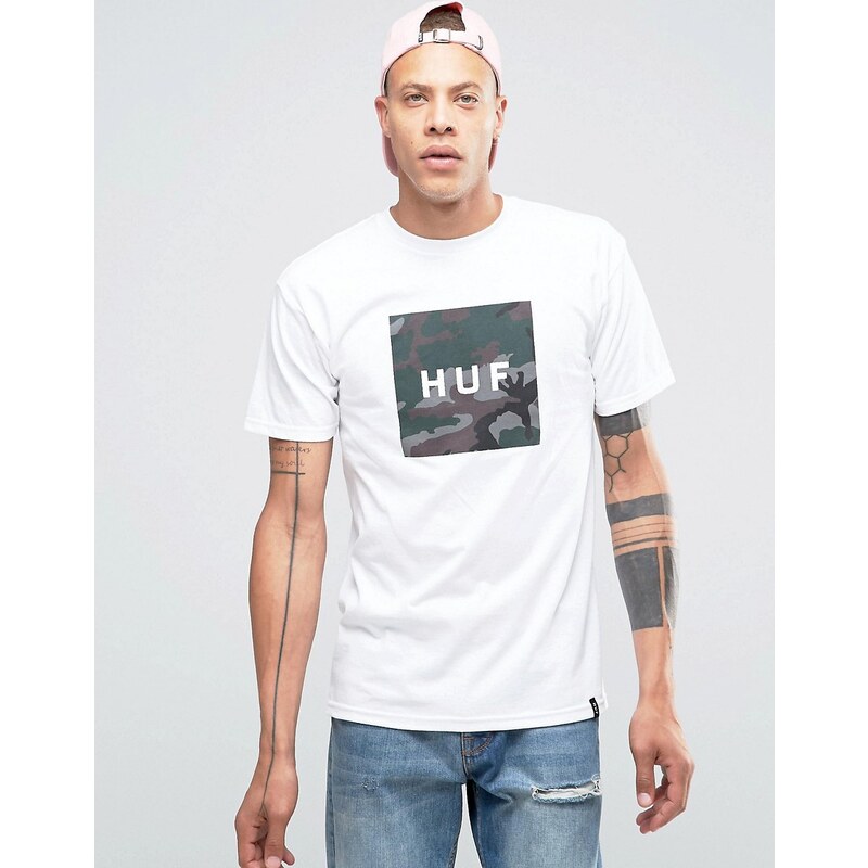 HUF - T-Shirt mit kastigem Logo in Tarnfarben - Weiß