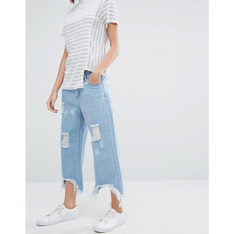 Daisy Street - Locker geschnittene Jeans mit weitem Bein, Fransensaum und Abnutzungen - Blau