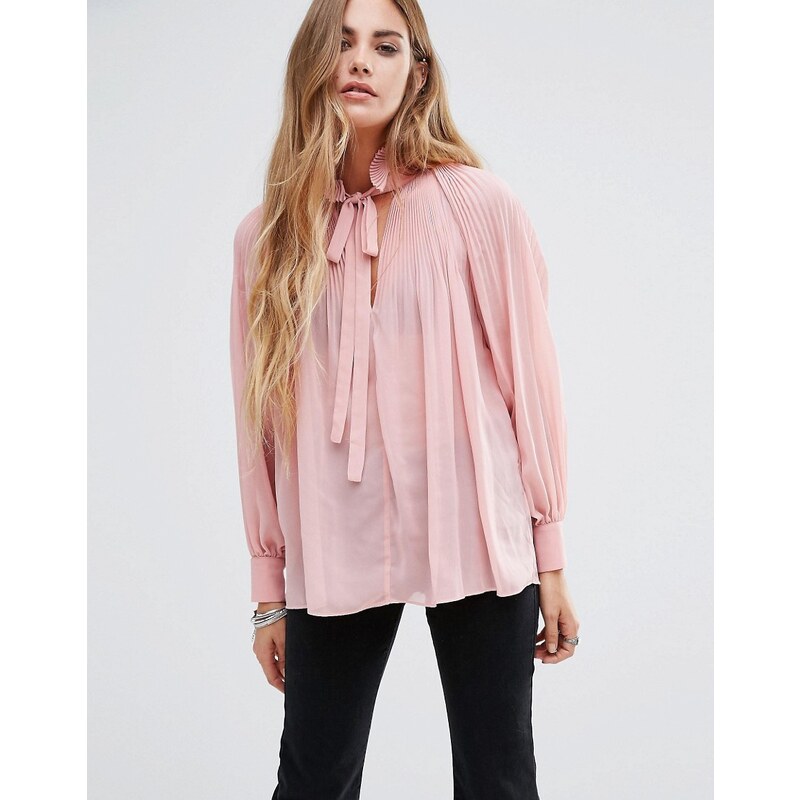 Glamorous - Langärmlige Bluse mit Falten und Band am Ausschnitt - Rosa