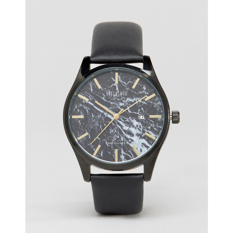 Reclaimed Vintage - Marmorierte Uhr mit schwarzem Lederarmband - Schwarz