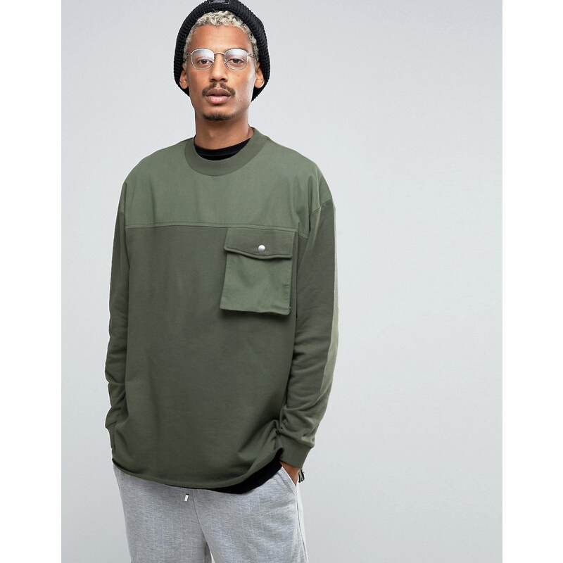 ASOS - Lang geschnittenes Oversize-Sweatshirt mit gewebter Passe und Tasche - Grün
