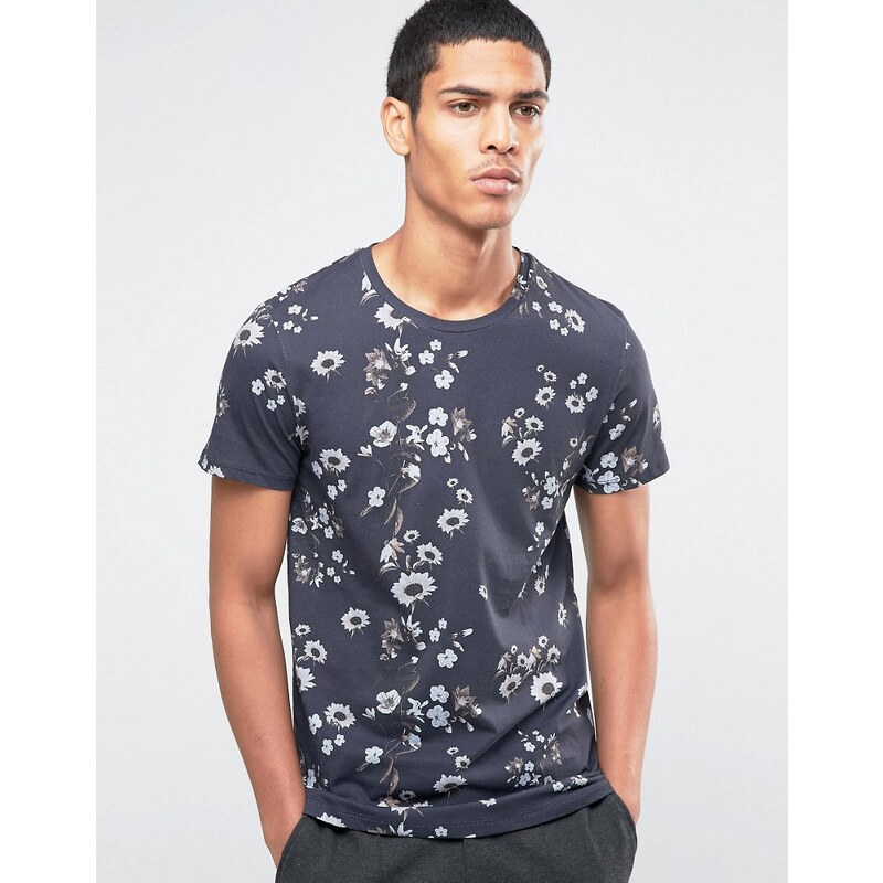 Selected Homme - T-Shirt mit Rundhalsausschnitt und Blumenmuster - Marineblau