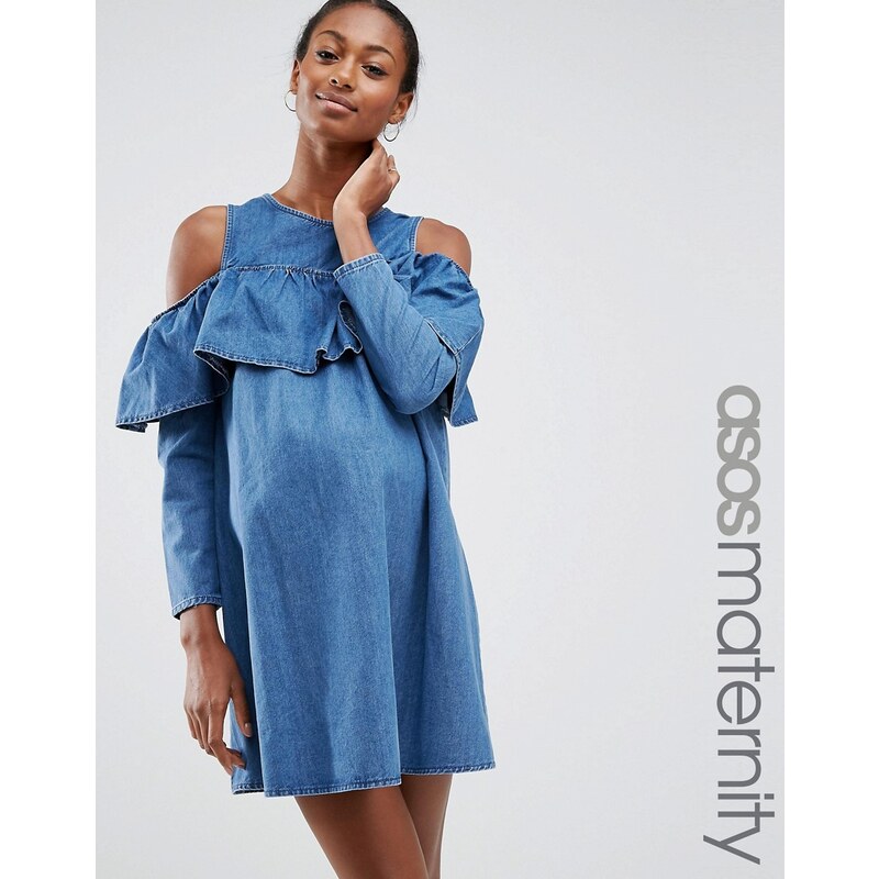 ASOS MATERNITY Cold Shoulder Denim Dress - Blau
