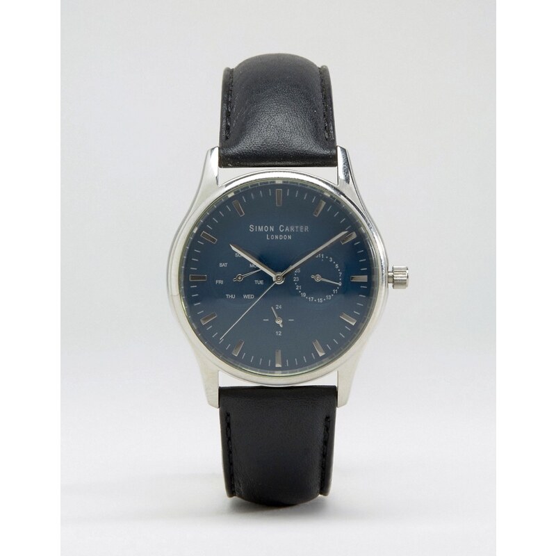 Simon Carter - Chronograph mit blauem Ziffernblatt und Armband aus schwarzem Leder - Schwarz