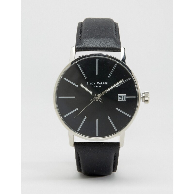 Simon Carter - Uhr mit schwarzem Lederband und schwarzem Zifferblatt - Schwarz