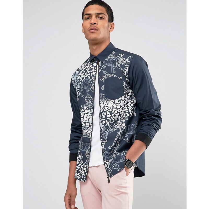 Versace - Regulär geschnittenes Hemd mit durchgehendem Reißverschluss und Tiger-Print - Marineblau