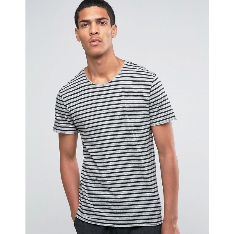 Selected Homme - T-Shirt mit Streifen und abgeschnittenem Rand - Grau