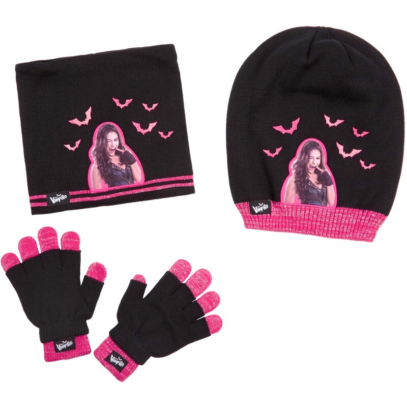 Chica Vampiro 3 tlg Set bestehend aus: Schal, Mütze und Handschuhen schwarz in Größe 52 für Mädchen aus 100% Polyacryl