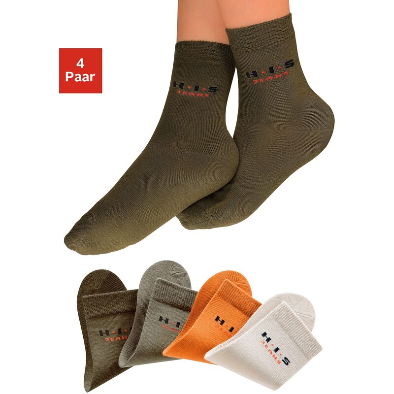 Große Größen: H.I.S Basic-Socken (4 Paar) Made in Germany, natur + orange + army + khaki, Gr.19-22-43-46
