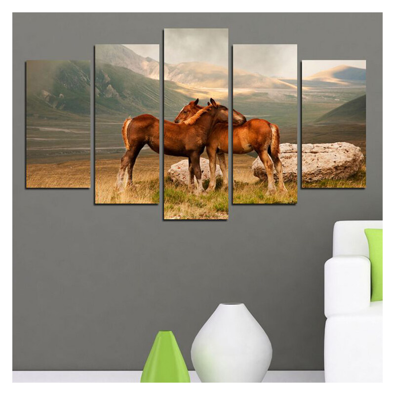 Lesara 5-teiliges Wandbild Pferde & Berge