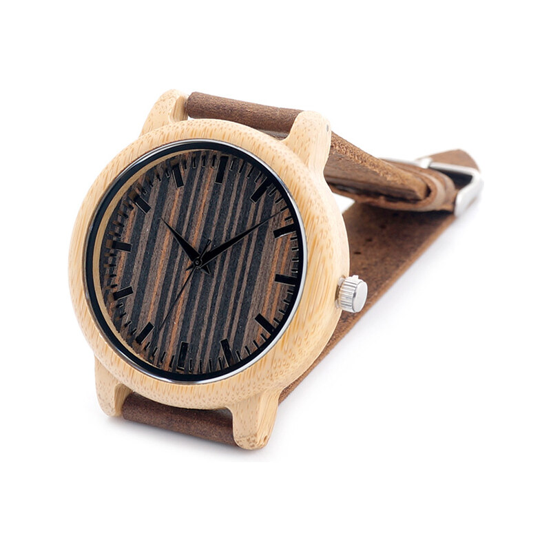 Real Leather Leder-Armbanduhr mit dreifarbigem Holzzifferblatt