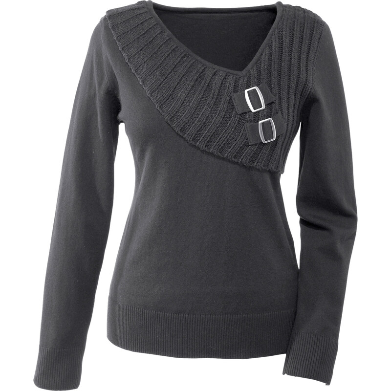 BODYFLIRT Pullover langarm in grau (V-Ausschnitt) für Damen von bonprix