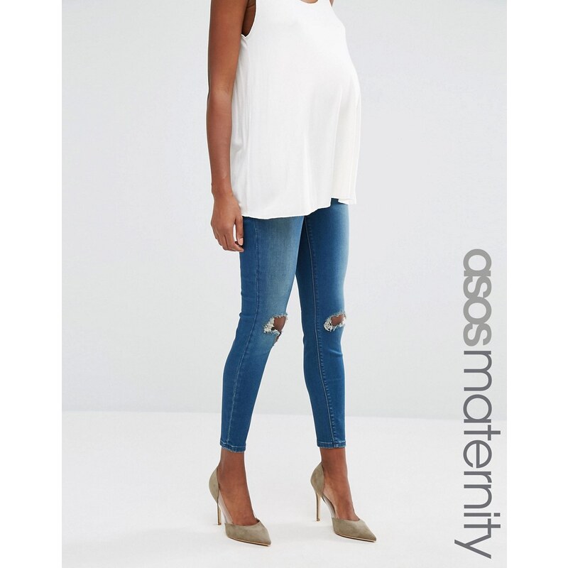 ASOS Maternity - Ridley - Skinny-Jeans in Mahogany-Waschung und unter dem Bauch sitzendem Bund - Blau