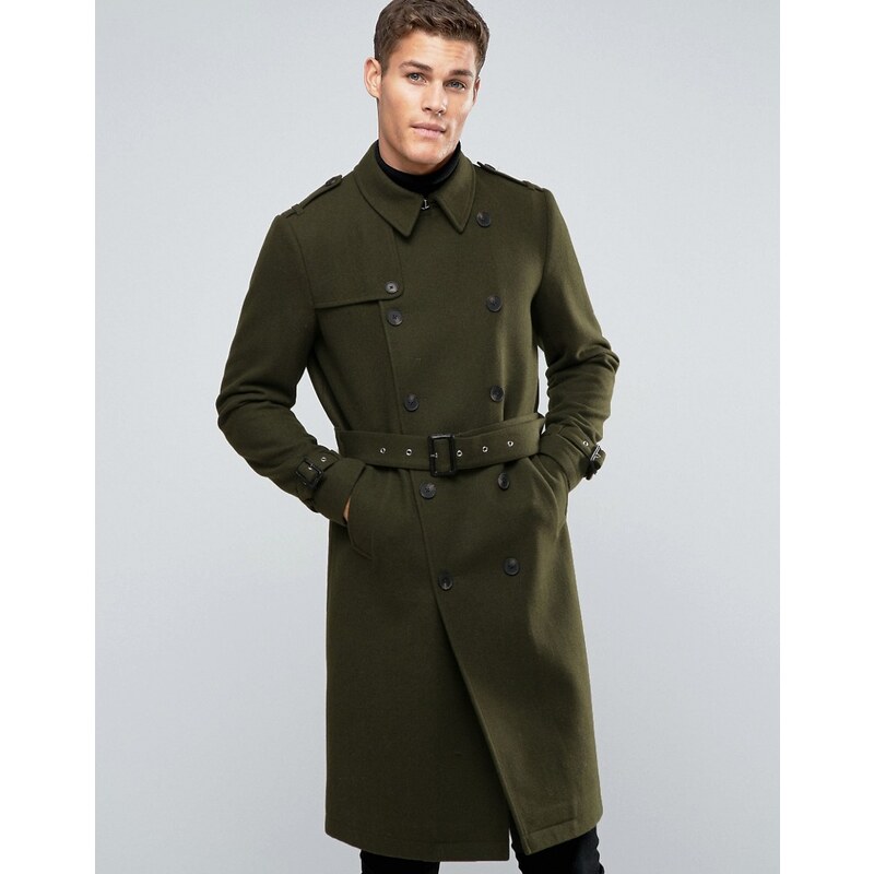 ASOS - Zweireihiger Mantel aus Wollmischung mit Gürtel in Khaki - Grün