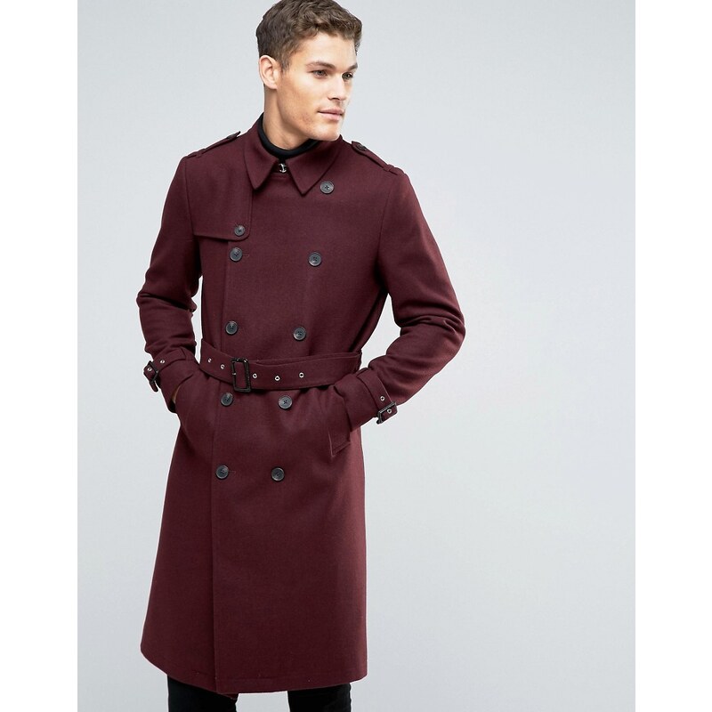 ASOS - Doppelreihiger Mantel aus Wollmischung mit Gürtel in Burgunderrot - Rot